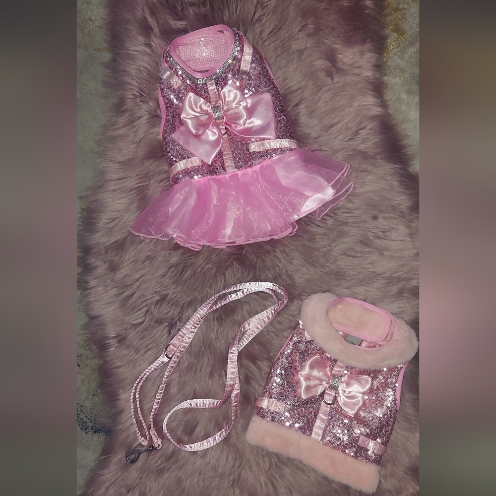 Dog Dress Lace Skirt Bow Sequine Harness/Sequine Pink Fur Harness-Leash set